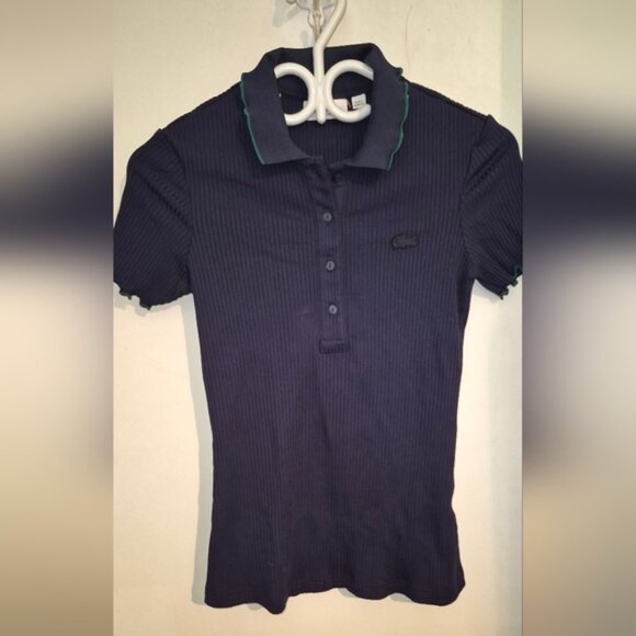 LACOSTE Navy Ribbed Polo Shirt with Green Flounced Trim SZ.32 - Picture 2 of 8